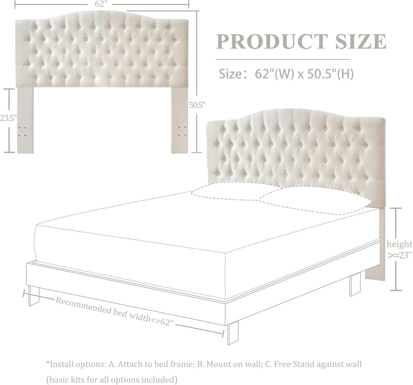 Tufted Linen Upholstered Headboard for Queen Full Beds