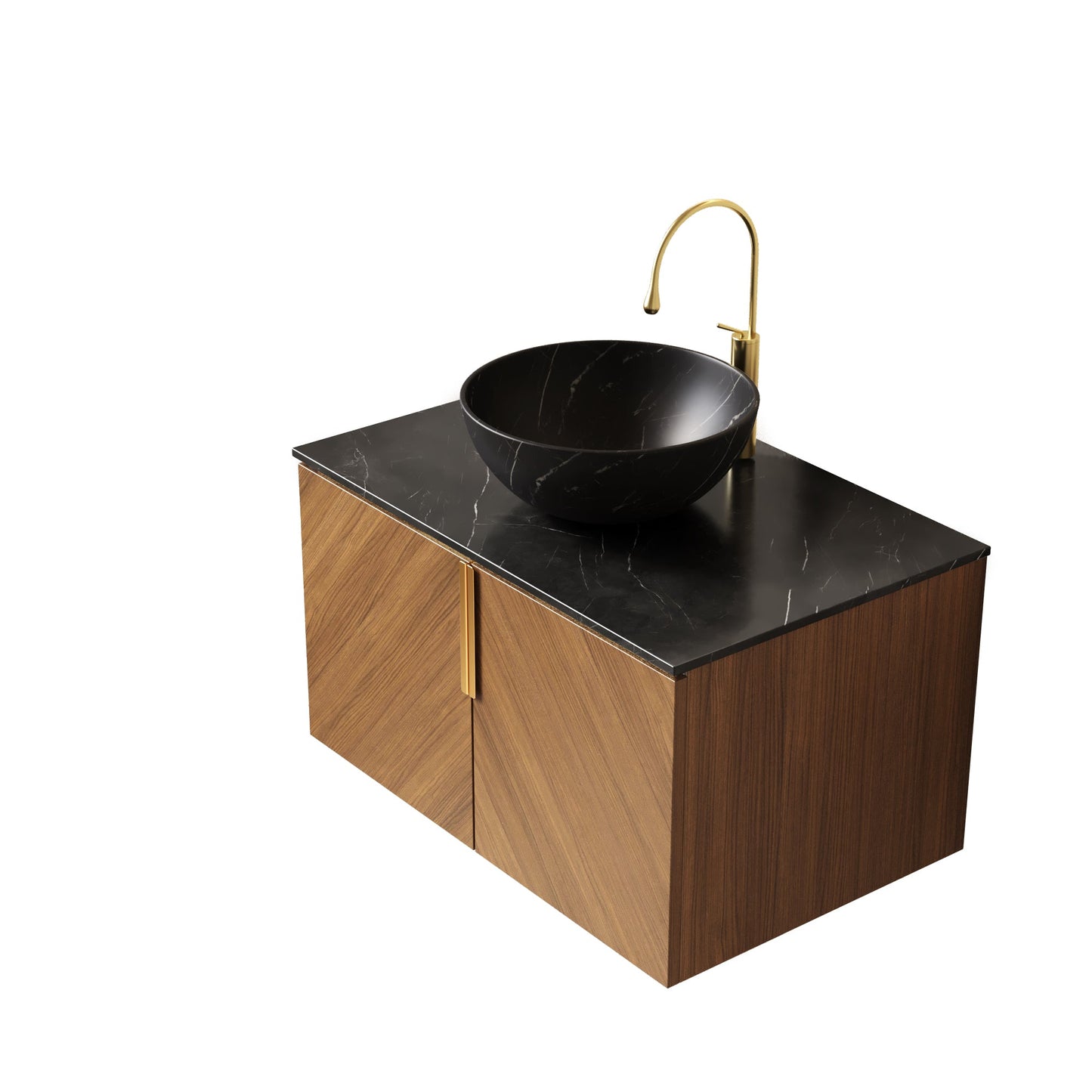30' Bathroom Vanity with Sink, Floating Plywood 2 Doors Black Stone Black Bowl Basin