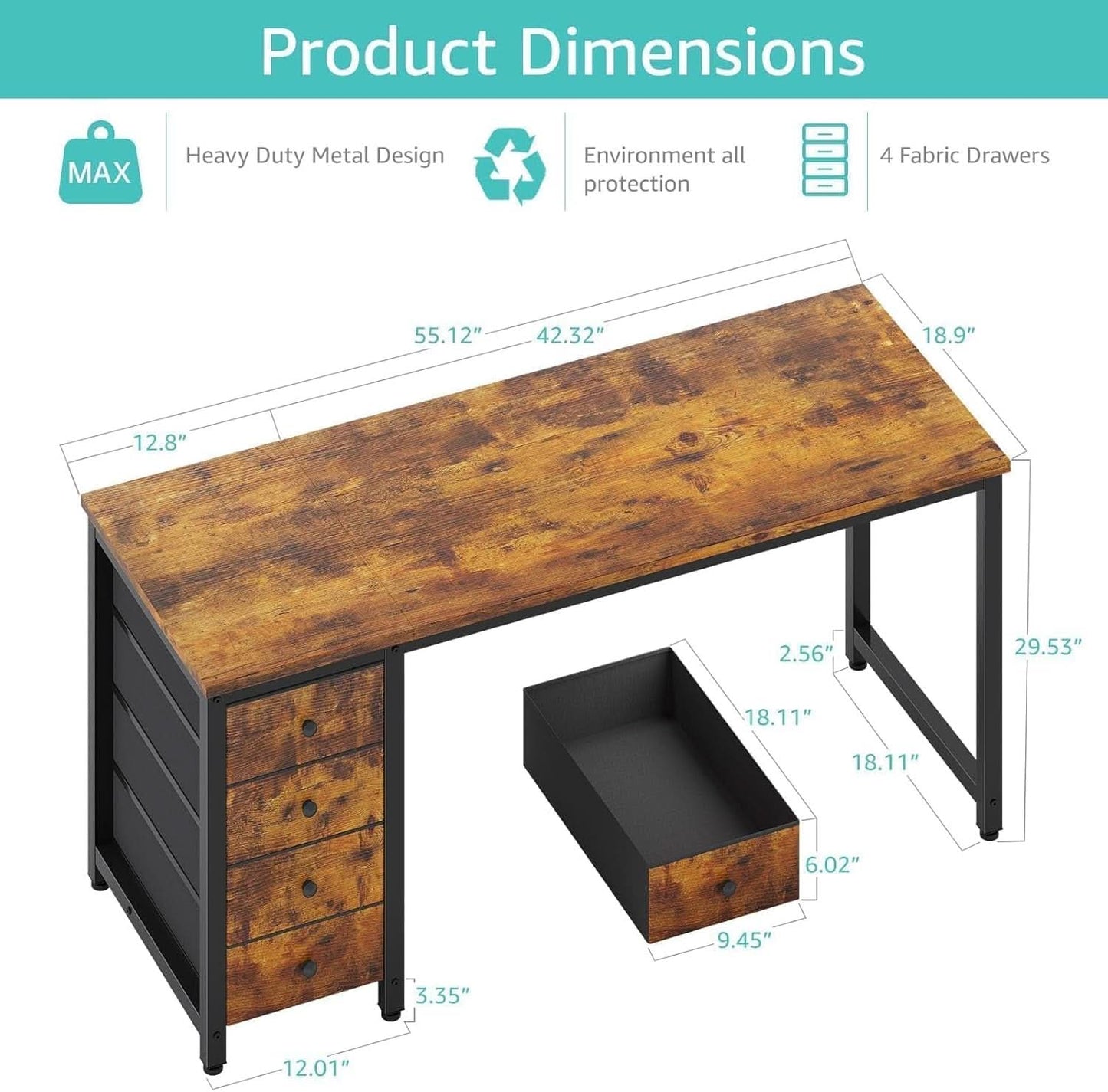 55 Inch Computer Desk With Fabric Drawers Home Office