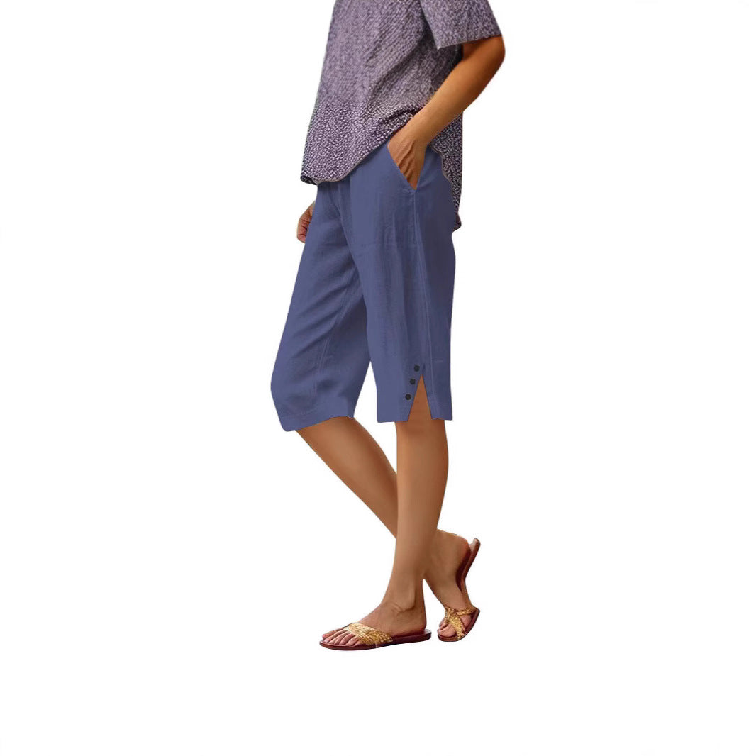 Casual Loose-fit Cotton-linen Drawstring Shorts With Pockets