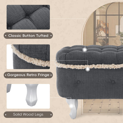Storage Bench Tufted Gray Fabric Tassel Trim Flip Top 29.5x17.8x19 In