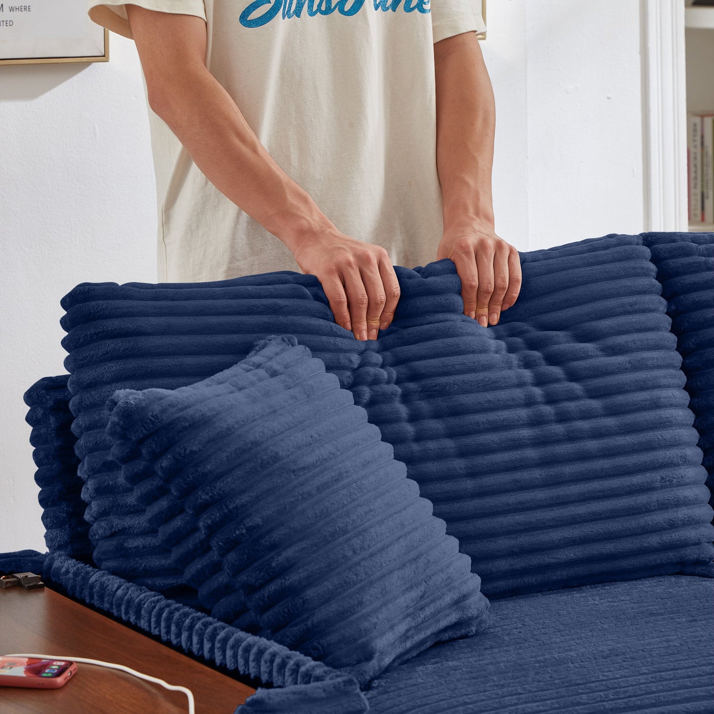 Convertable Loveseat L-Shape Corduroy Blue Storage Chaise 2 Ottomans USB 69 In