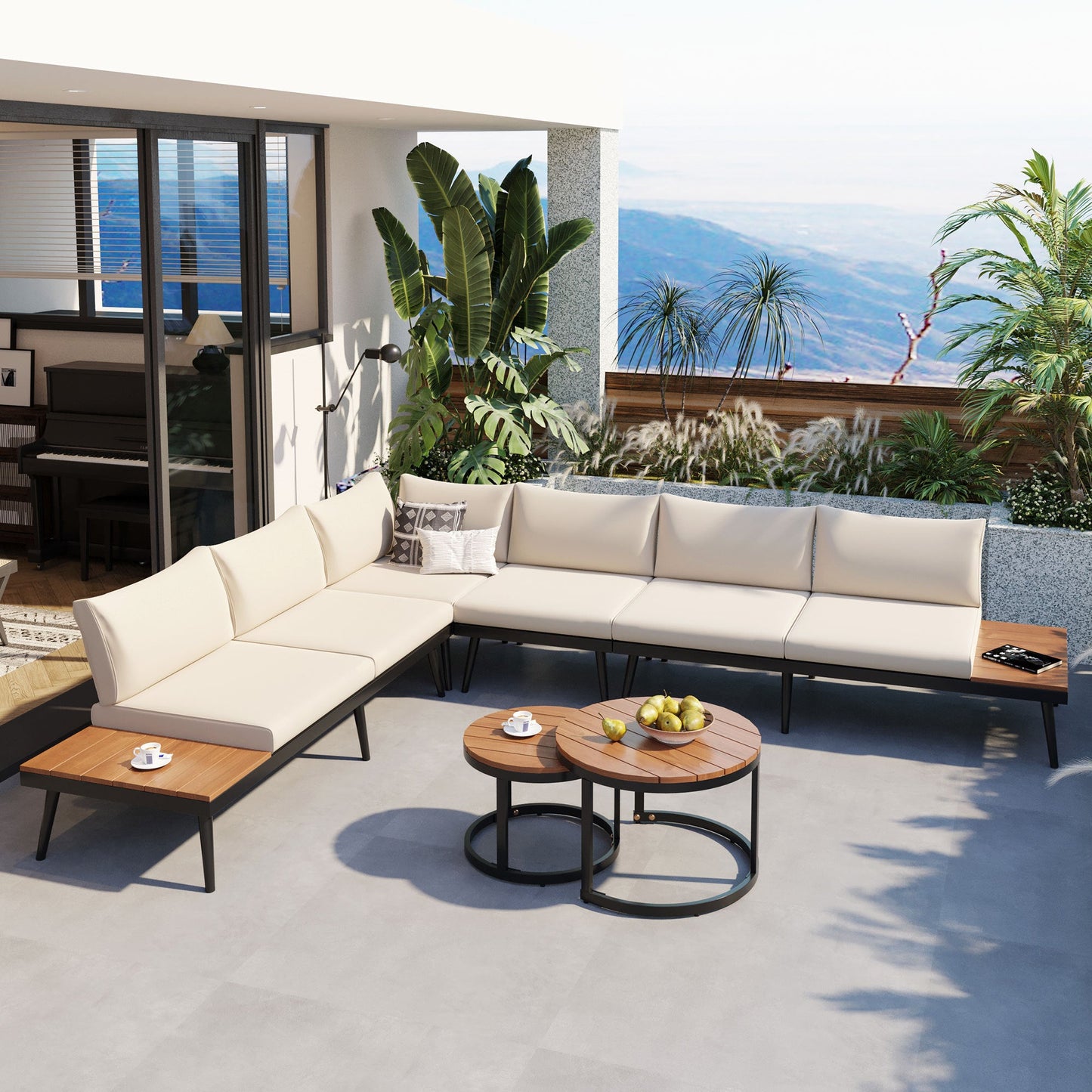 Outdoor Sectional Set Acacia Wood Steel Beige Cushion 6 Piece Seats 5