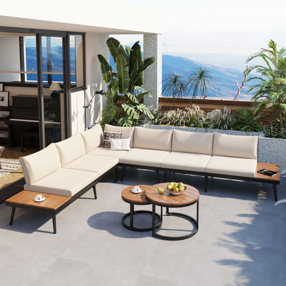 Outdoor Sectional Set Acacia Wood Steel Beige Cushion 6 Piece Seats 5