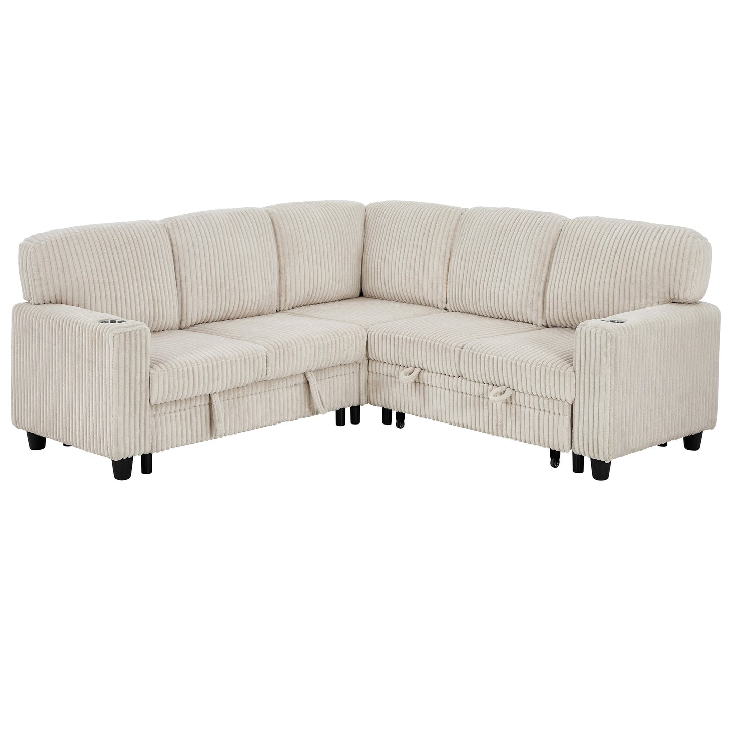 Sofa Bed L-Shape Corduroy Beige 5 Seat Pull-Out USB Ports 81 In