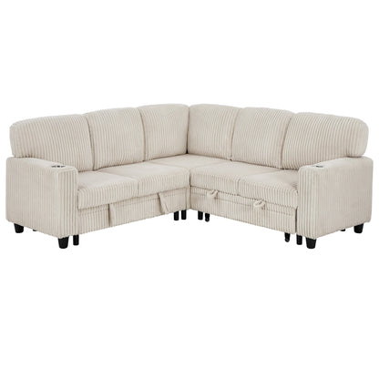 Sofa Bed L-Shape Corduroy Beige 5 Seat Pull-Out USB Ports 81 In