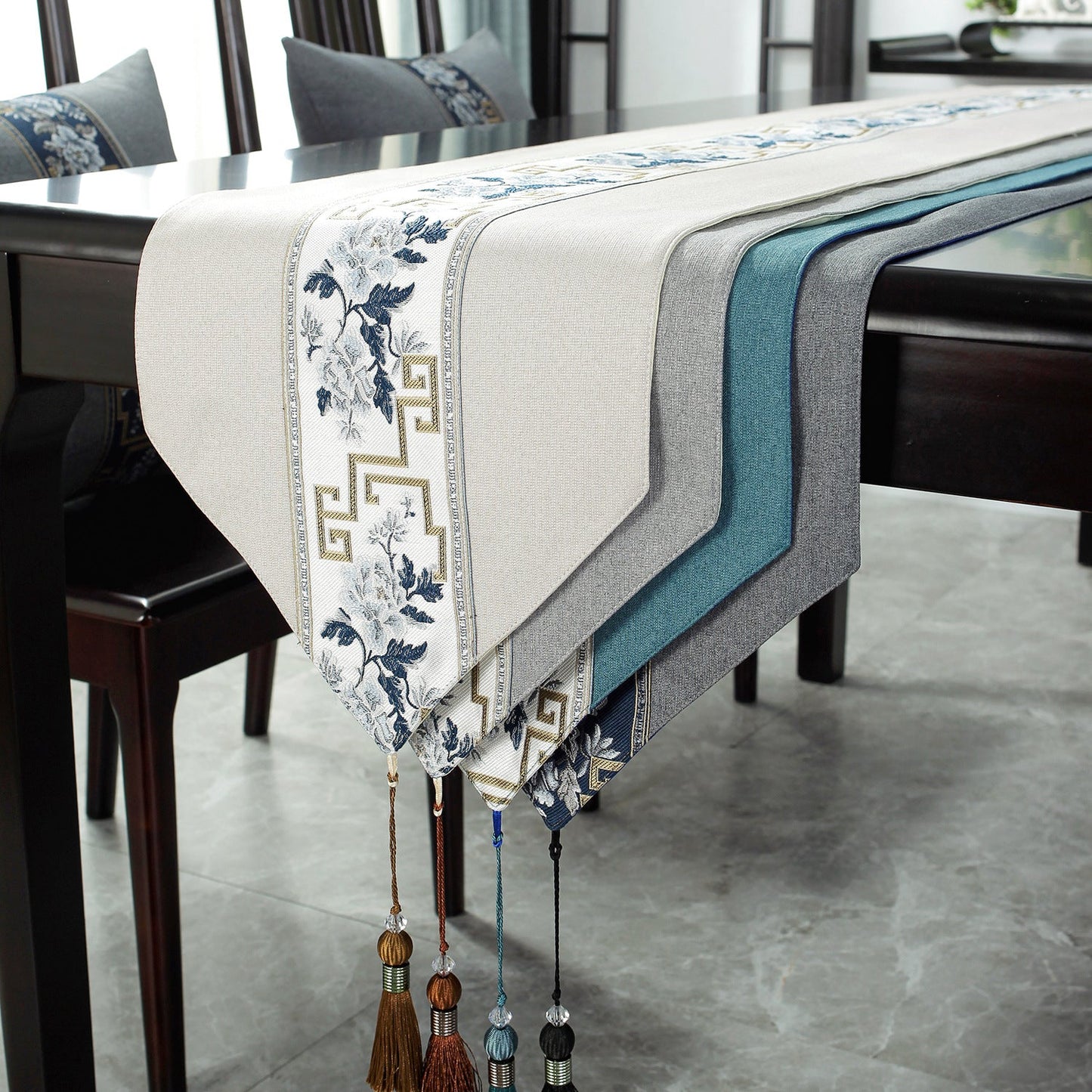 Chinese Table Runner with Floral and Zen Pattern