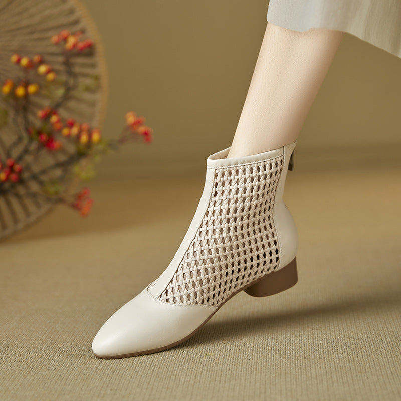 Retro-style Minimalist Elegant Cowhide Low-heeled Shoes With A Back Zipper For Women