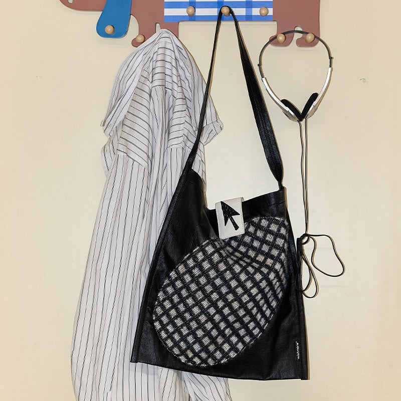 Splicing Shoulder Bag, Niche Design, Versatile Retro Bag, Original Checkered Large Capacity Bag For Women