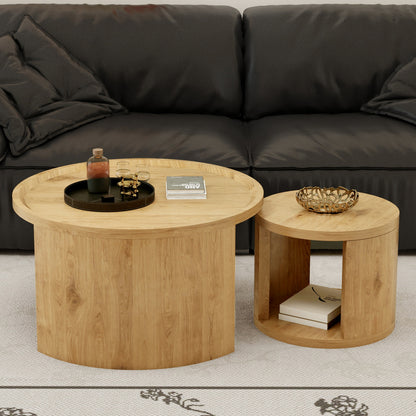 Round Nesting Coffee Table Set of 2, 31.5 and 18 in, Wood Top, Living Room