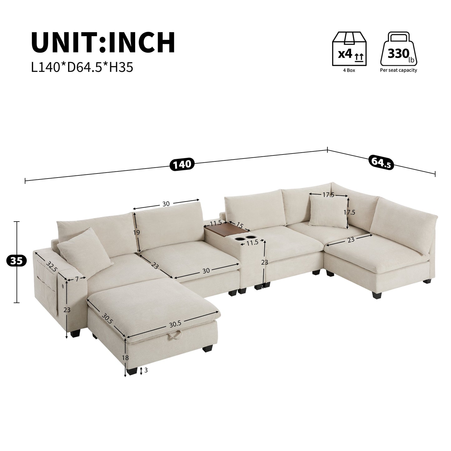 Sectional Sofa U-Shape Corduroy Beige 6 Seat Storage Ottoman USB 140 In