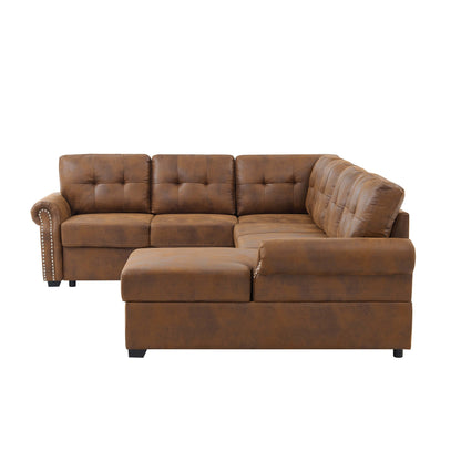 Sofa Bed U-Shape Faux Leather Brown Sleeper Storage Chaise 114 In