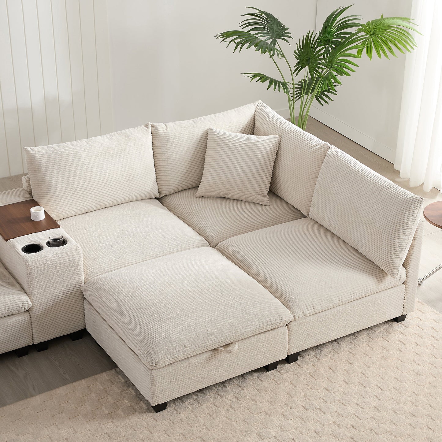 Sectional Sofa U-Shape Corduroy Beige 6 Seat Storage Ottoman USB 140 In