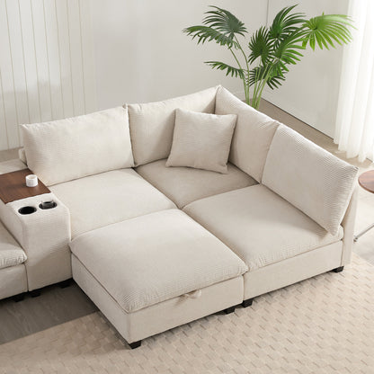 Sectional Sofa U-Shape Corduroy Beige 6 Seat Storage Ottoman USB 140 In