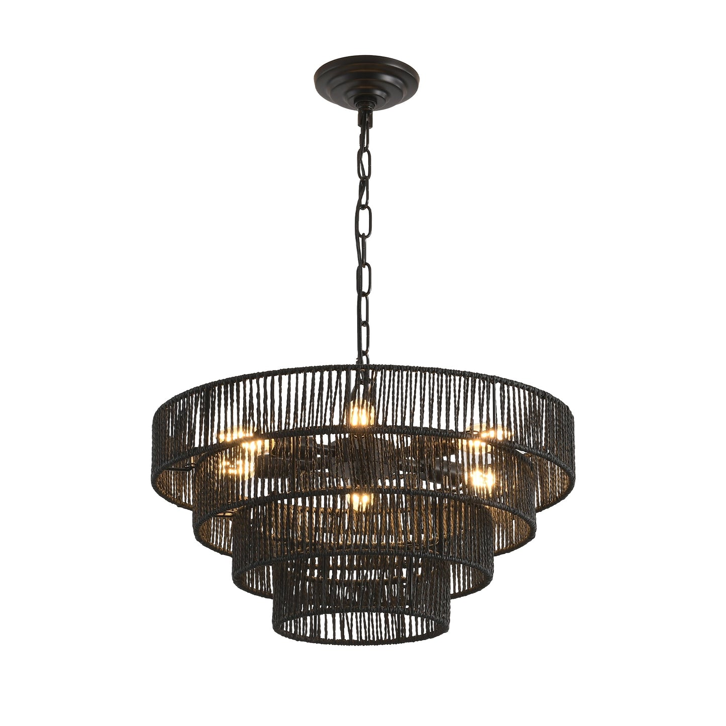 Chandelier 4-Tier Black Hemp Rope Pendant 6-Light Boho 20 In Dining