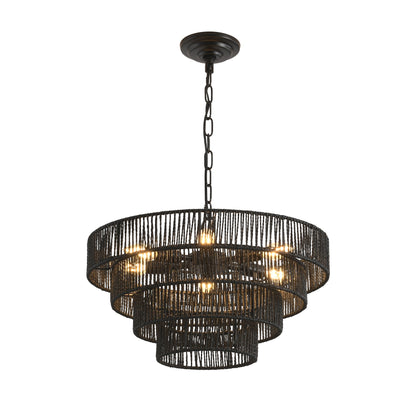 Chandelier 4-Tier Black Hemp Rope Pendant 6-Light Boho 20 In Dining