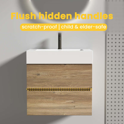 24' Rough Oak Bathroom Vanity with White Glossy Engineered Quartz Sink Soft Drawers