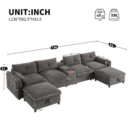 Sectional Sofa U-Shape Chenille Gray 6 Seat USB Console 136 In