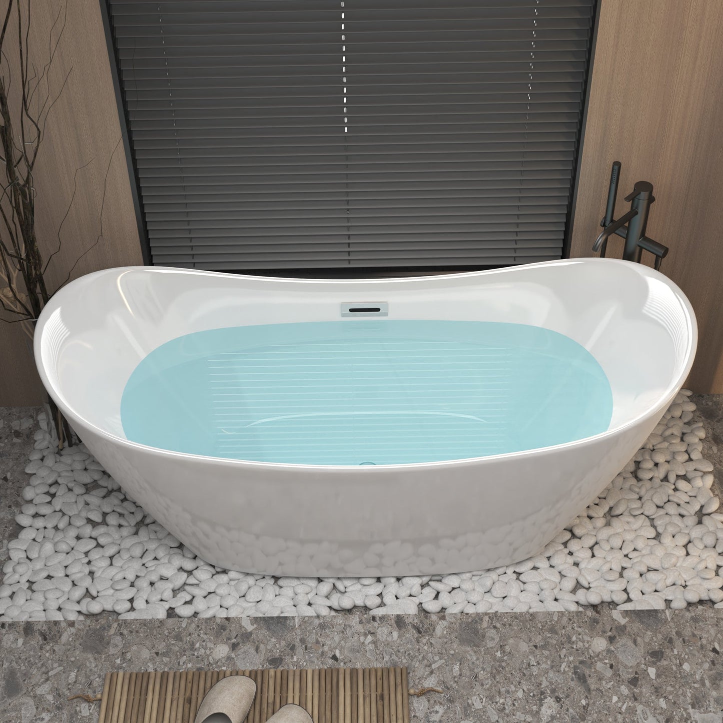 Modern Acrylic Freestanding Tub, Gloss White, Chrome Overflow and Pop-Up Drain