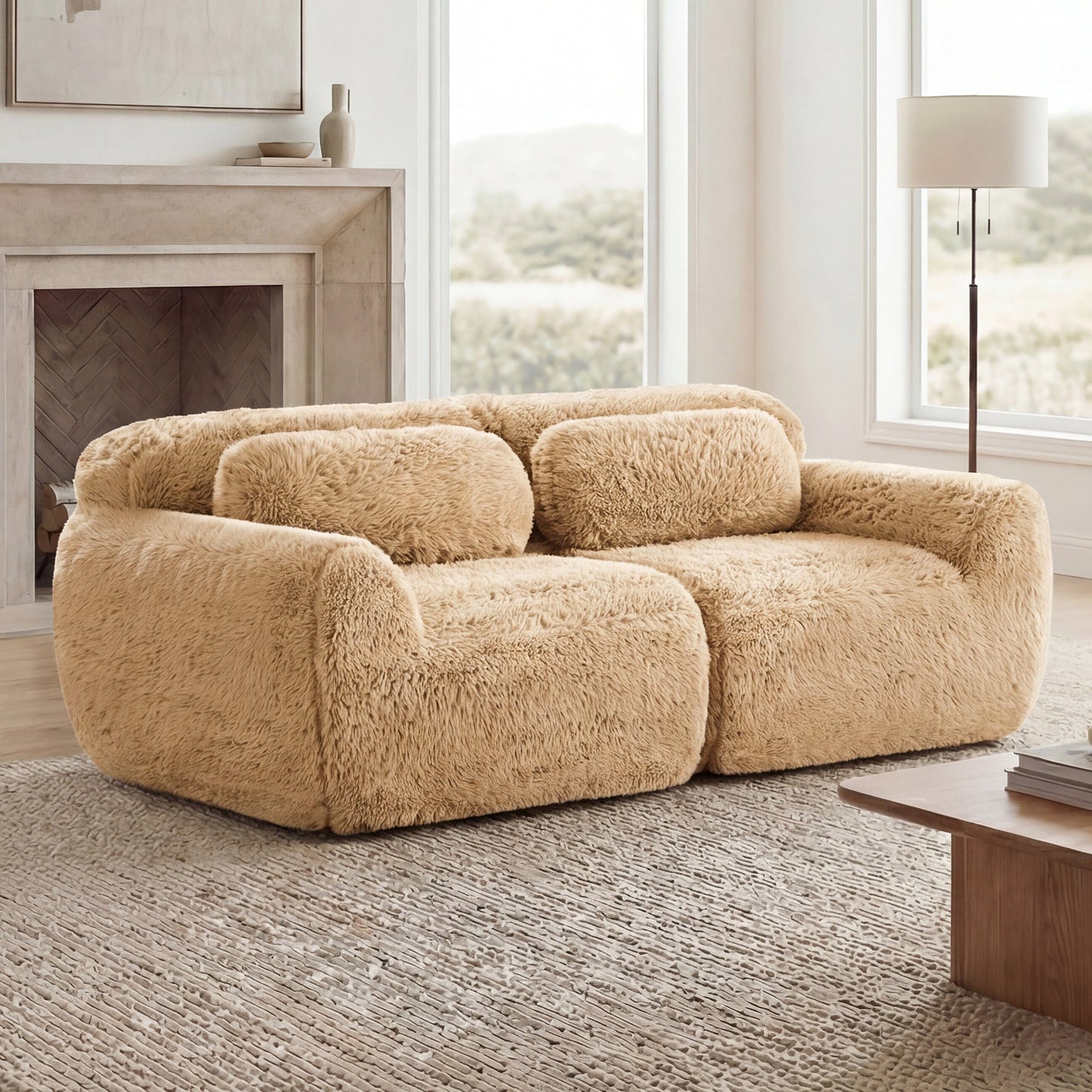 LoveSeat Modular Plush Light Khaki 2 Seat Non-Slip