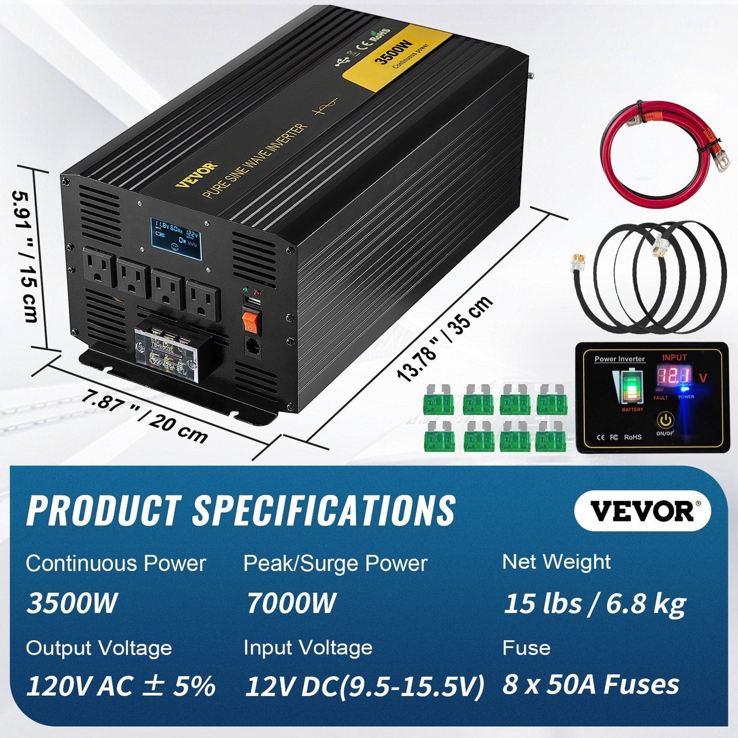Pure Sine Wave Inverter 3500W, DC 12V to AC 120V, USB, LCD, GFCI, for RV Solar