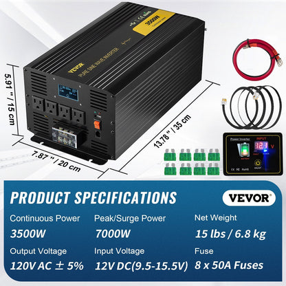 Pure Sine Wave Inverter 3500W, DC 12V to AC 120V, USB, LCD, GFCI, for RV Solar