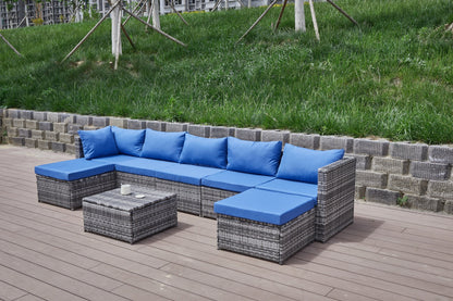 Outdoor Patio Sofa Set PE Rattan Blue Gray All Weather Steel Frame