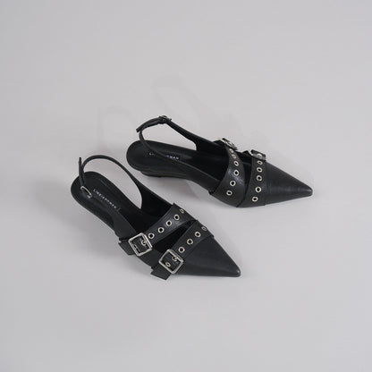 Women's Black PU Pointed-Toe Wedge Shoes with Buckle Strap, 3-5 cm