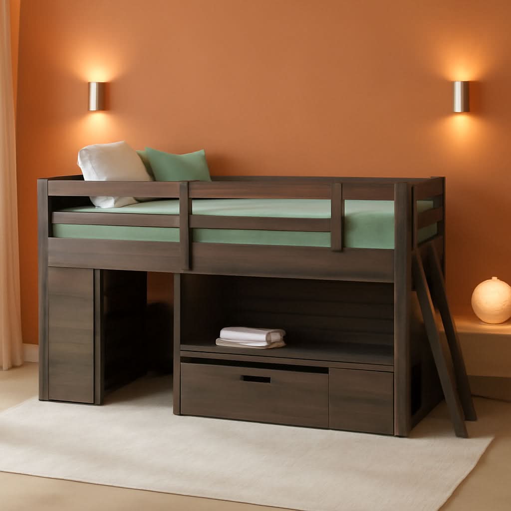 Twin Size Solid Wood Loft Bed With Storage Drawer And Ladder Barnwood Brown