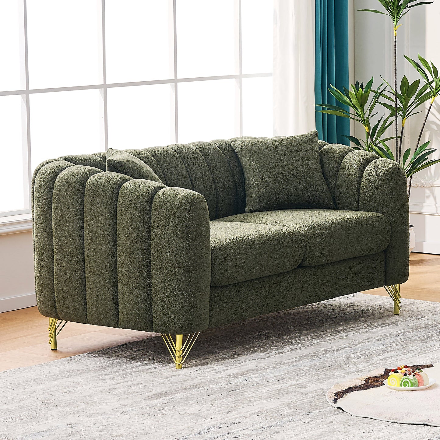 Loveseat Modern Chenille Green Gold Metal Legs 2 Seat 63 In 500 LB