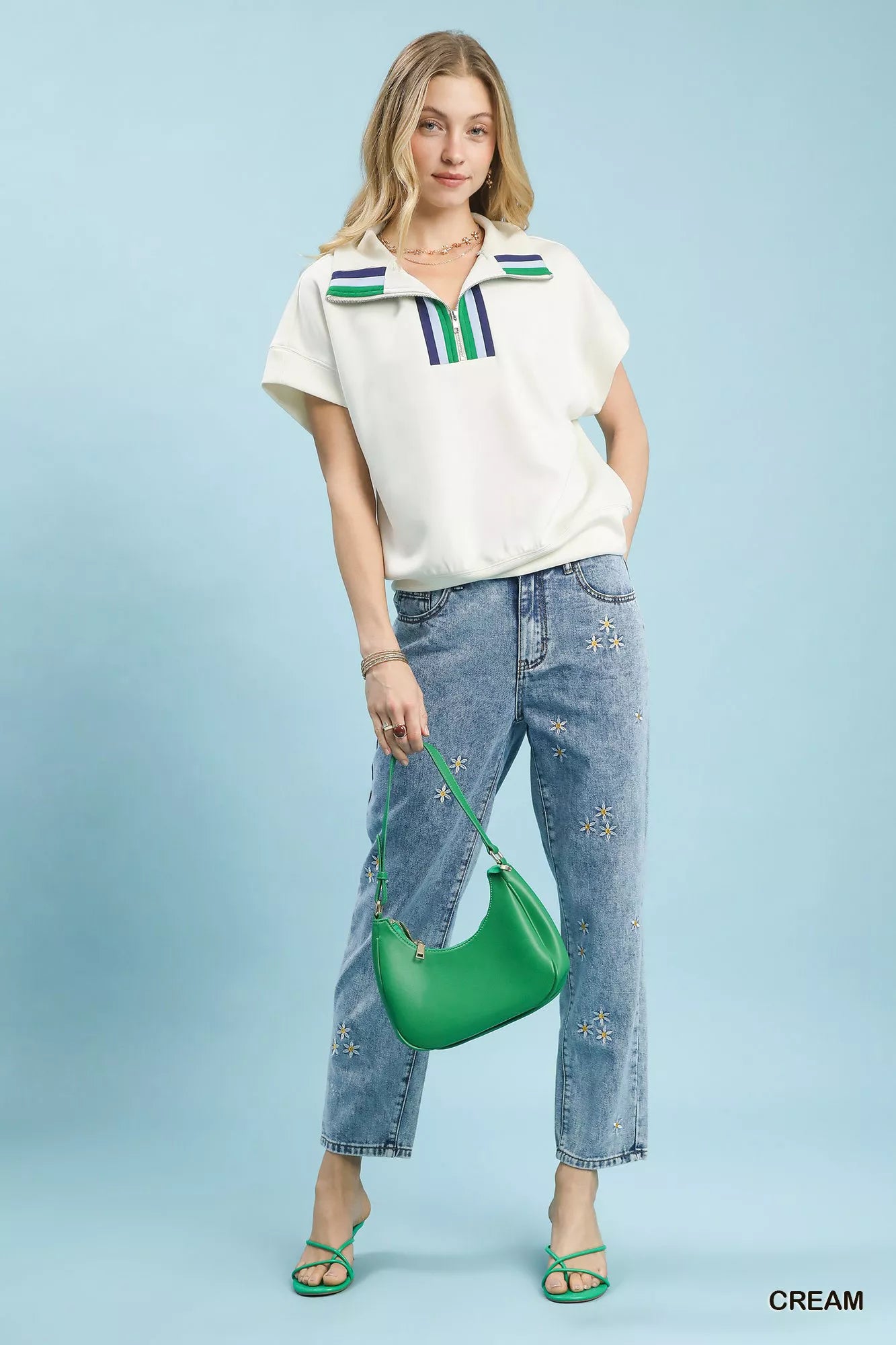Umgee Striped Collared Neck Half-Zip Top