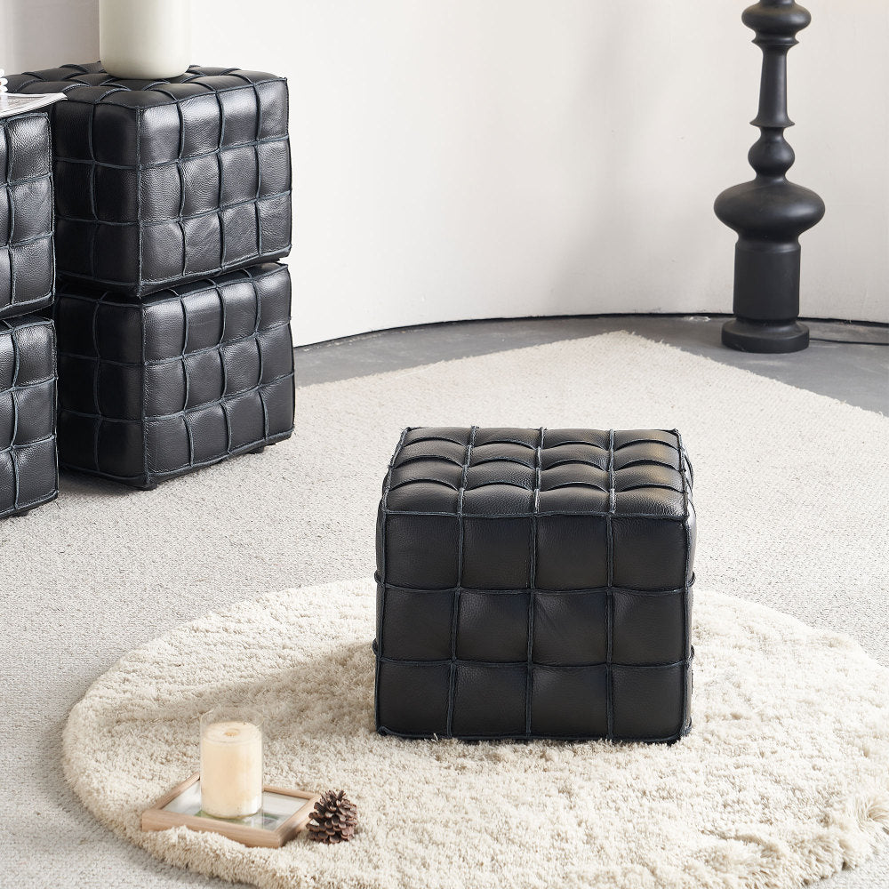 Black Genuine Leather Tufted Ottoman – 17" Square Footstool, Multi-Use, Solid Wood Base