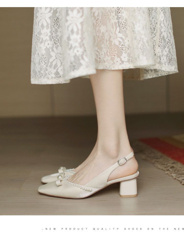 Women Block Heel Closed Toe Sandals, 2026 Summer New Fashion Square Toe Back Strap Pearl Fairy Style High Heel Pumps