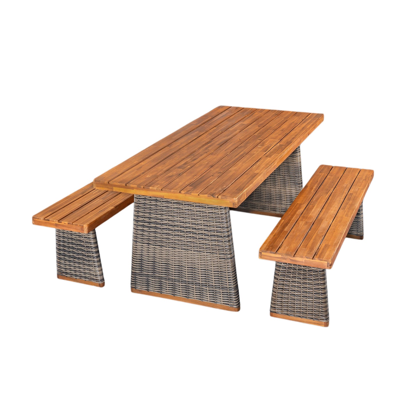 Outdoor 3 Piece Acacia Wood Dining Set with Handwoven Rattan Legs,Grey