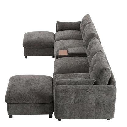 Sectional Sofa U-Shape Chenille Gray 6 Seat USB Console 136 In
