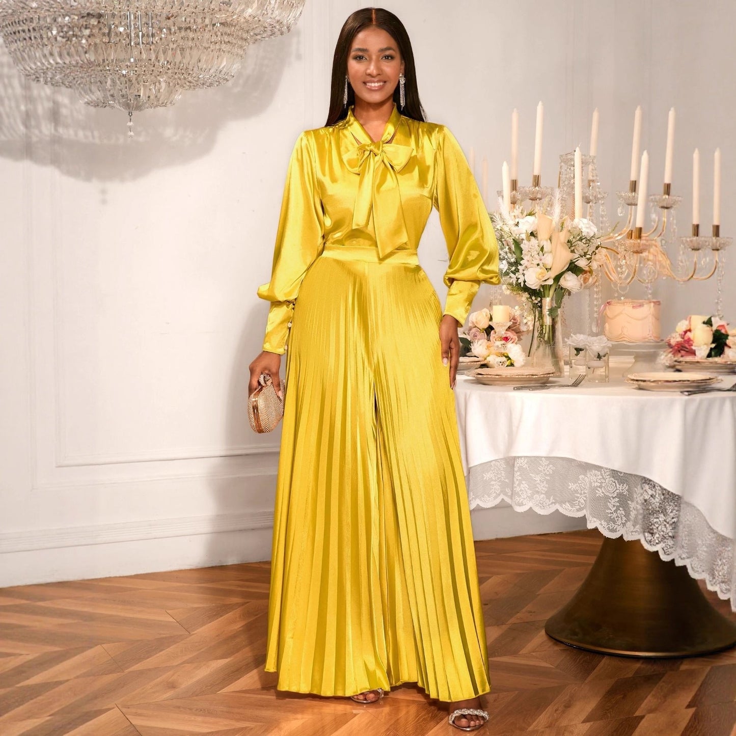 Sexy V-neck Bow Long Sleeve Top Elegant Pleated Wide Leg Trousers Suit