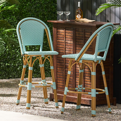 29.5 Inch Outdoor PE Rattan Aluminum French Barstools, Set of 2, Light Teal