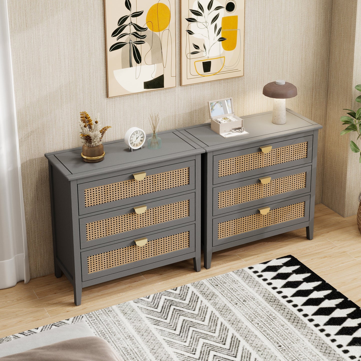 3-Drawer Cabinet - Natural Rattan - Suitable for Bedroom, Living Room, or Study