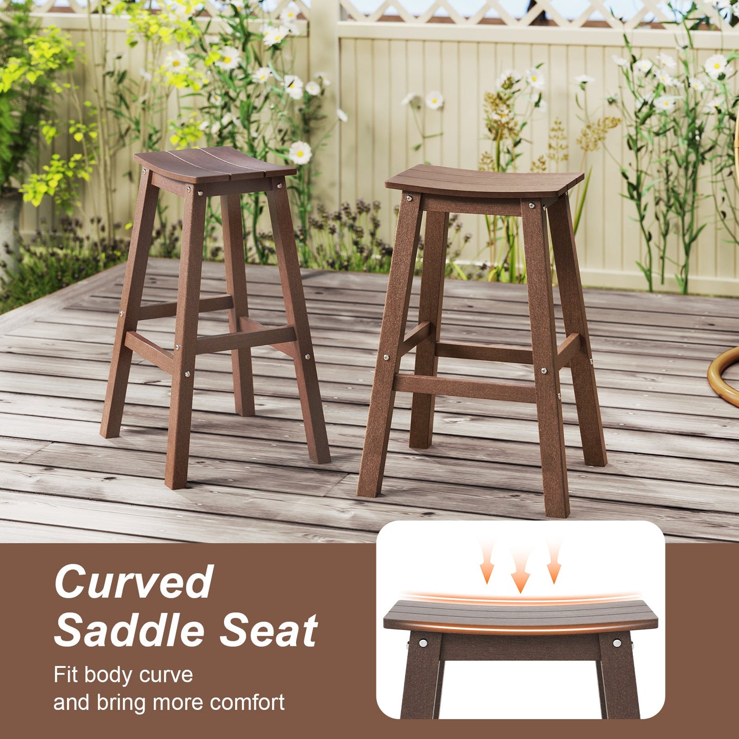 29 Inch HDPE Patio Bar Stool Set of 2 Armless Saddle Stools