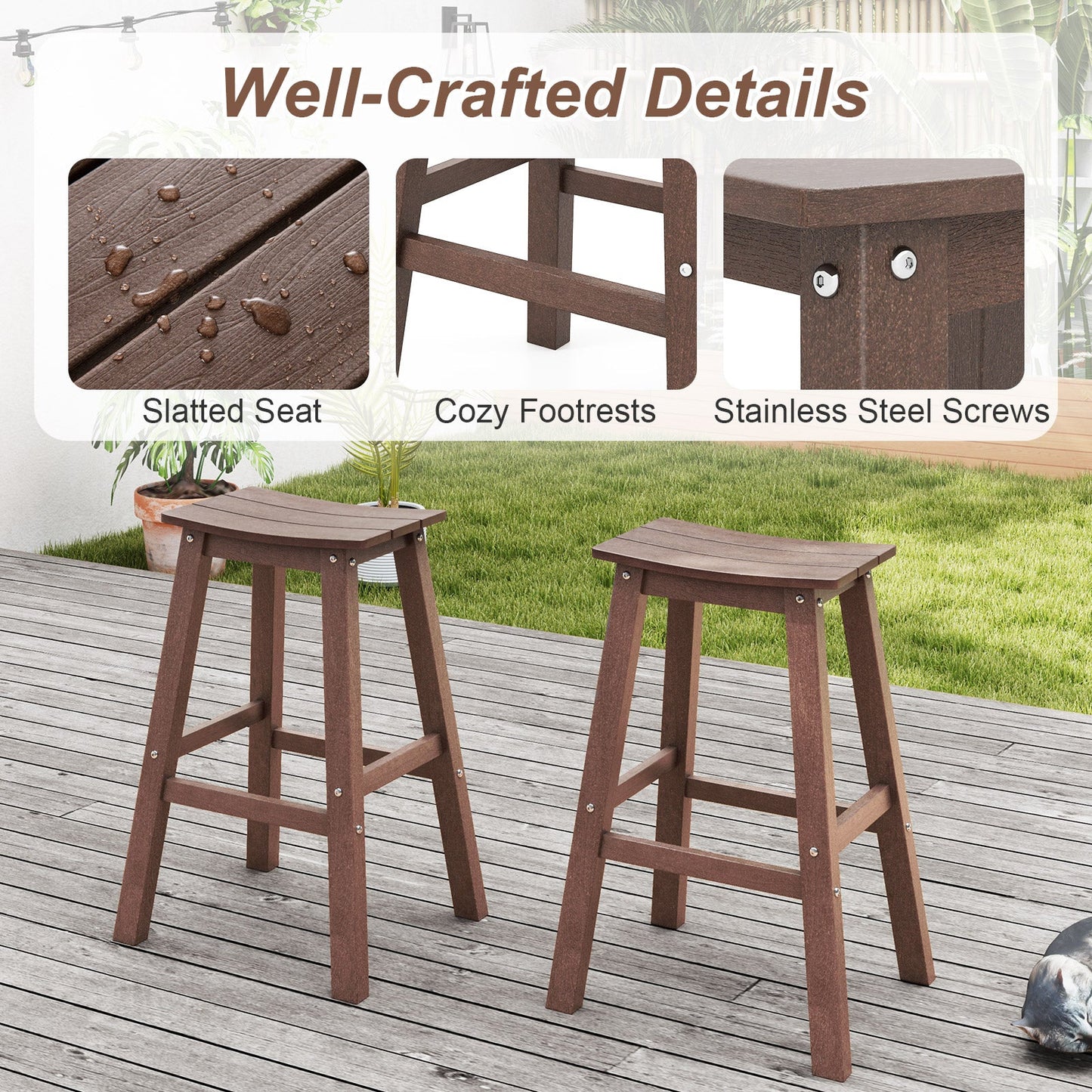 29 Inch HDPE Patio Bar Stool Set of 2 Armless Saddle Stools