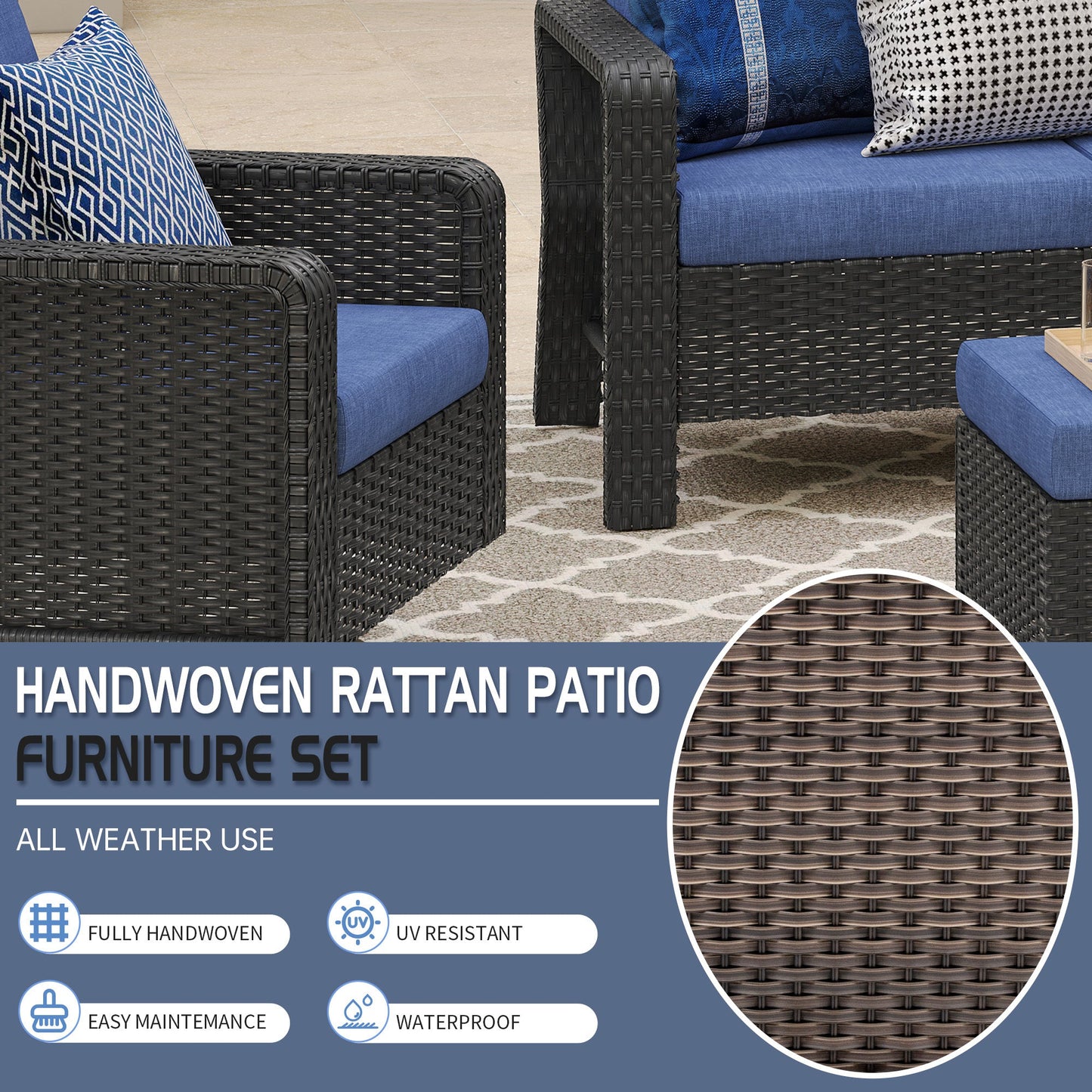 Outdoor Patio Set PE Rattan Swivel Chairs Blue Cushion