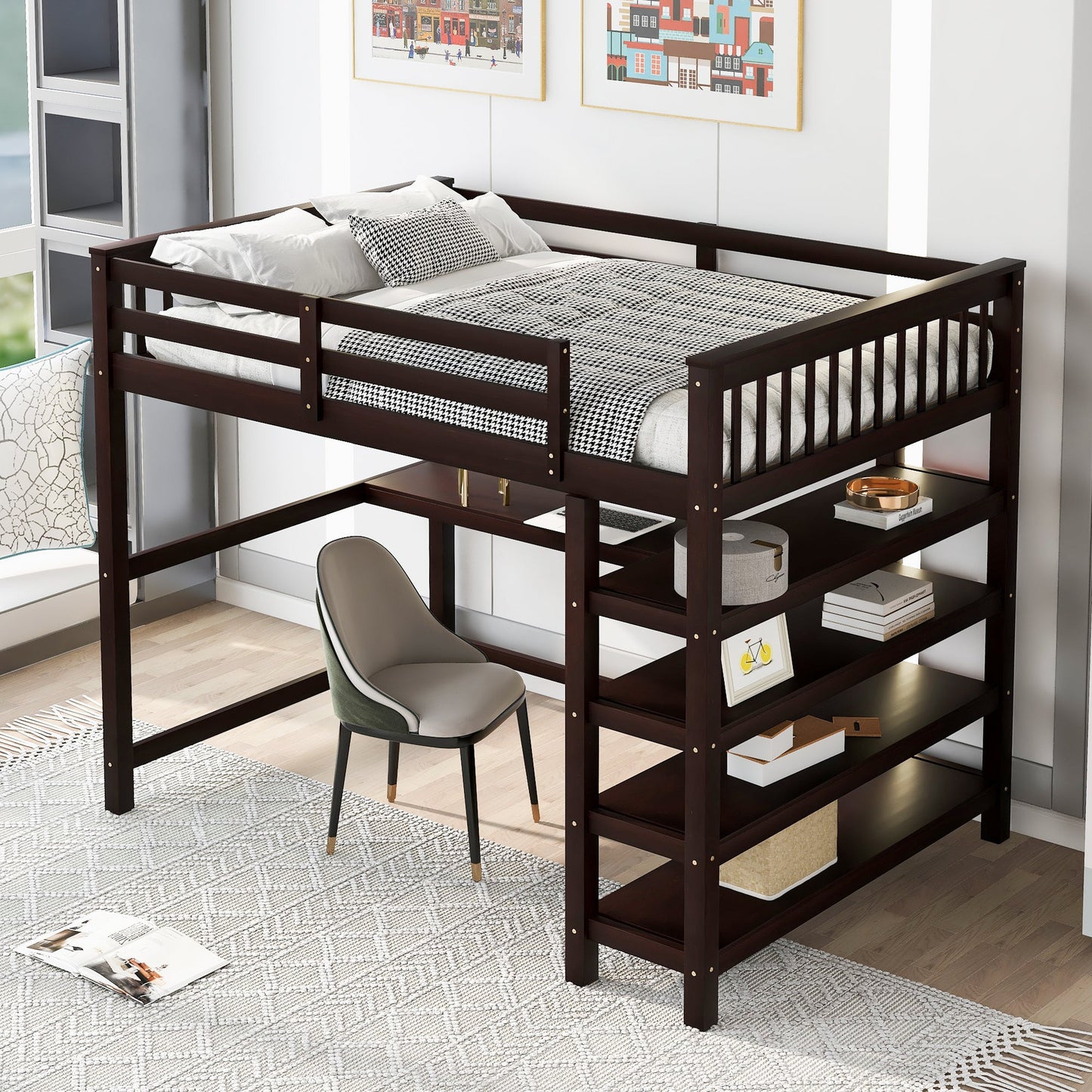 Espresso Full Size Loft Bed with Storage Shelves and Under-bed Desk, Solid Pi...