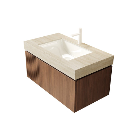 36' Bathroom Vanity with Sink, Floating Plywood Cabinet Roma Travertine Sintered Stone