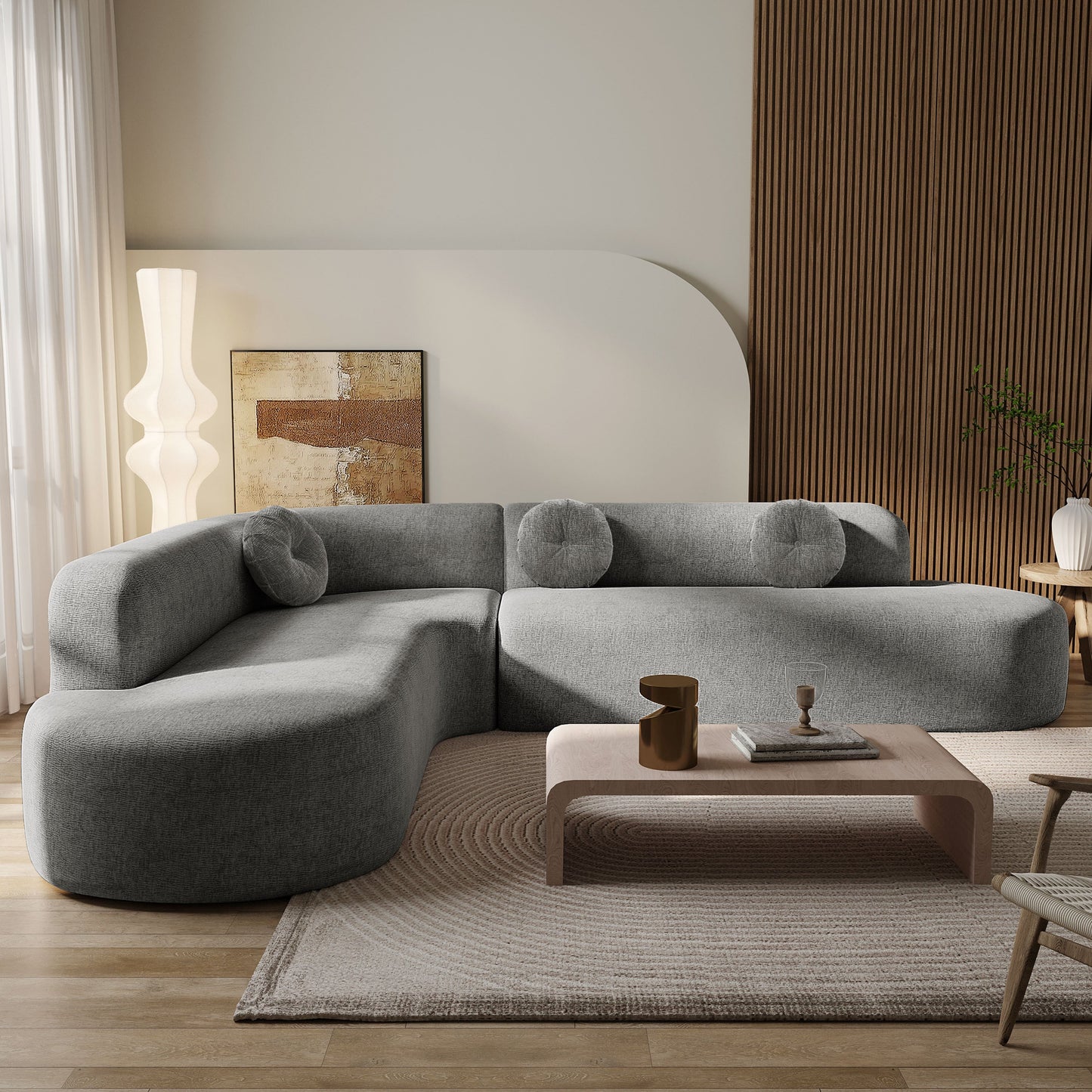 Sectional Sofa Curved Corner Chenille Gray 4 Seat 122 In 3 Pillows