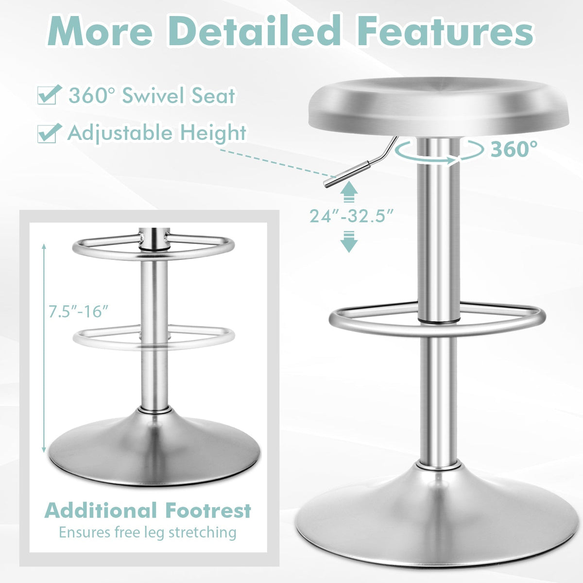 Modern Swivel Adjustable Height Bar Stool with Footrest for Pub Bistro Kitchen Dining