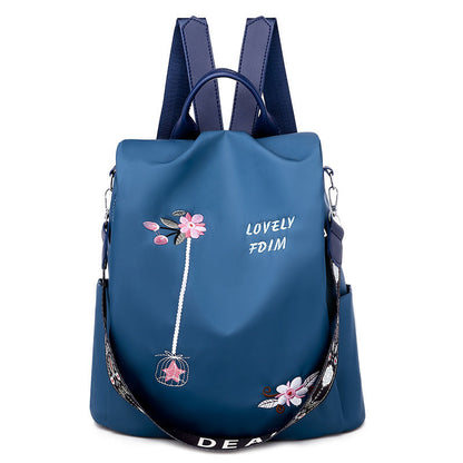 Women's Embroidered Nylon Backpack Waterproof Anti-Theft Large Capacity Bag