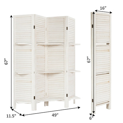 4 Panel Folding Room Divider Screen with 3 Display Shelves