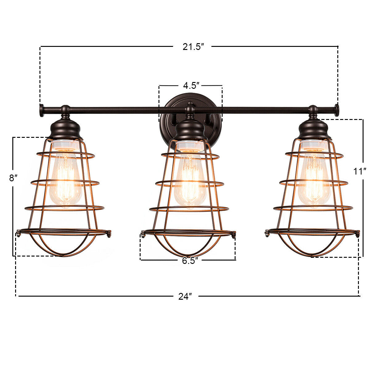 3-Light Vanity Lamp Bathroom Fixture with Metal Wire Cage