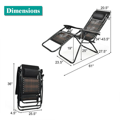 Folding Rattan Zero Gravity Lounge Chair with Removable Head Pillow