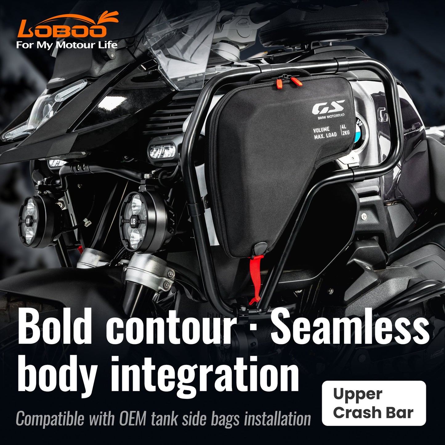 LOBOO Upper Crash Bar for BMW R1300GS Adventure (2024-on) – 304 Stainless Steel, Multi-Point Support, Silver / Black Finish